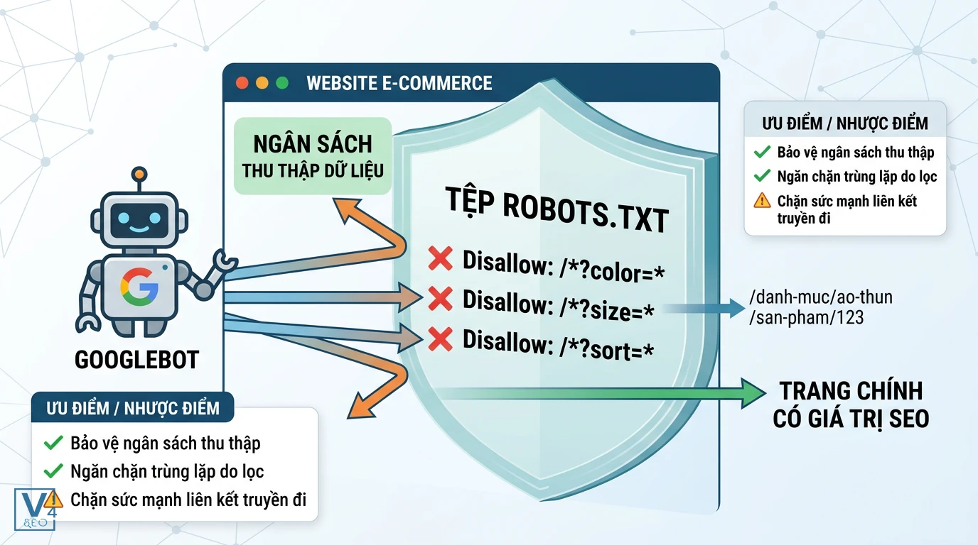co-che-chan-googlebot-bang-robots-txt Cơ chế tệp Robots.txt chặn Googlebot cào các tham số lọc để bảo vệ ngân sách thu thập dữ liệu.