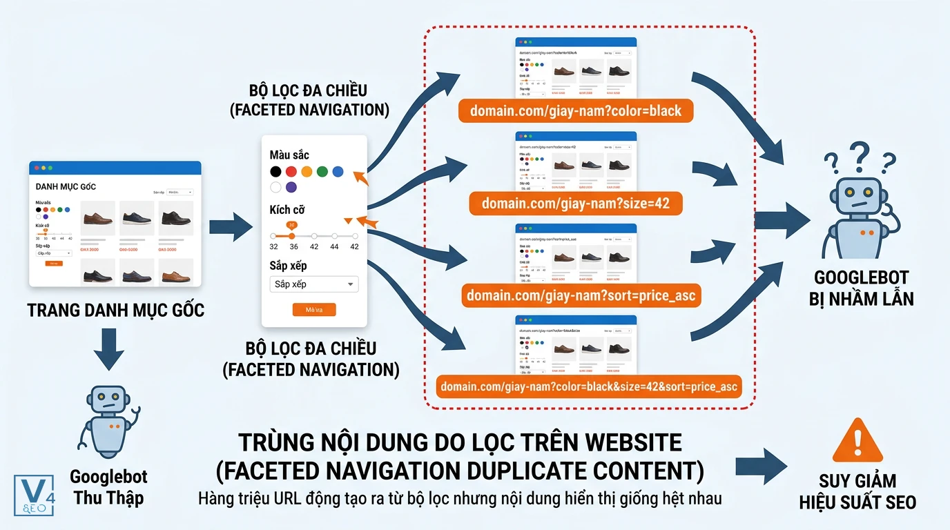 co-che-trung-lap-noi-dung-do-bo-loc Sơ đồ giải thích hiện tượng trùng do lọc là gì khi bộ điều hướng tạo ra nhiều URL động chứa nội dung tương tự nhau.