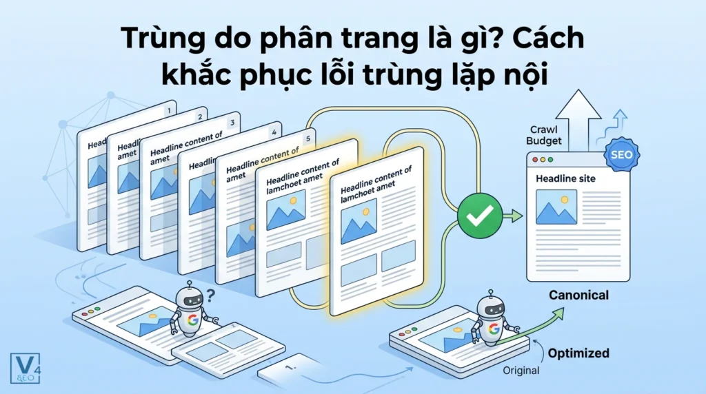 Mô hình giải thích lỗi trùng do phân trang và cách tối ưu hóa bằng thẻ canonical giúp cải thiện crawl budget.