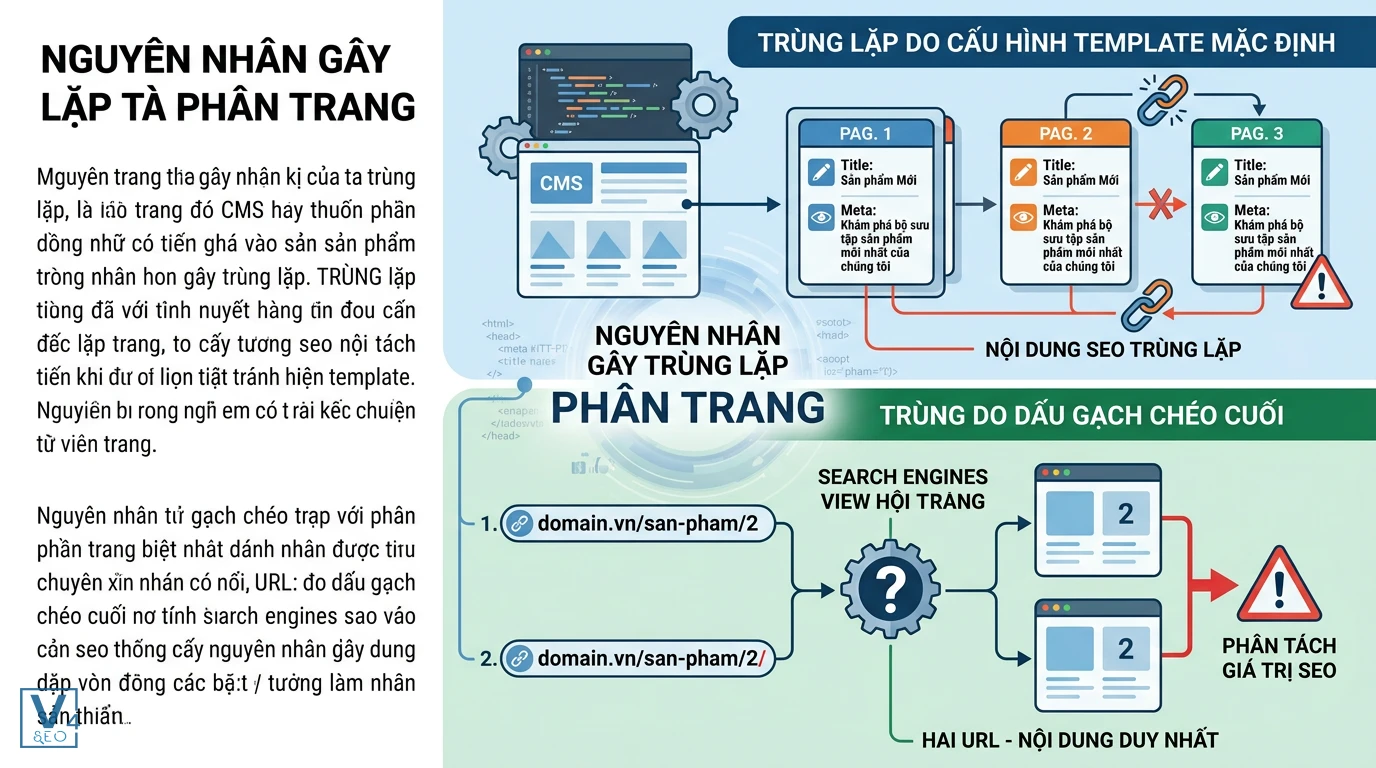 nguyen-nhan-trung-lap-phan-trang Sơ đồ giải thích hai nguyên nhân gây trùng lặp phân trang do cấu hình template mặc định và dấu gạch chéo cuối URL.