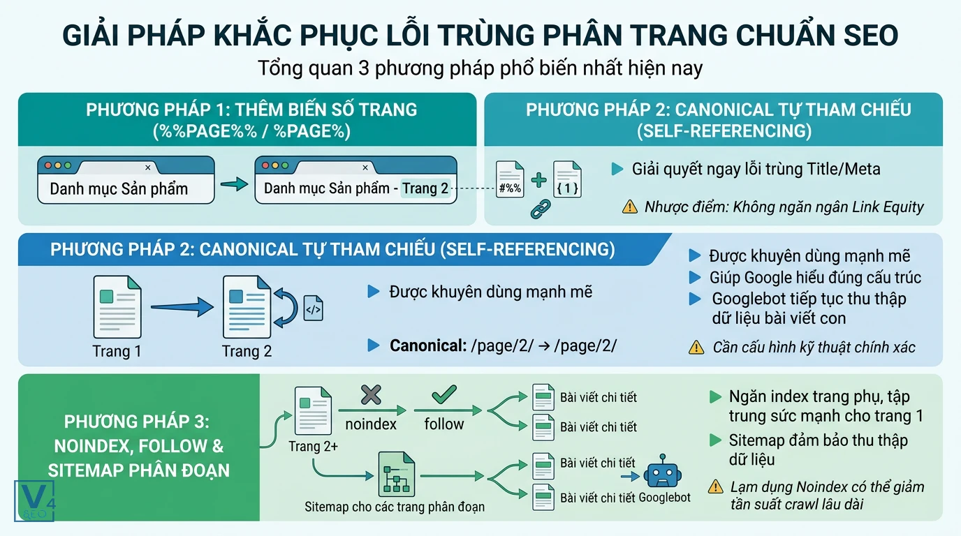 phuong-phap-khac-phuc-trung-lap-phan-trang Bảng so sánh 3 phương pháp xử lý trùng do phân trang gồm thêm biến số trang, thẻ canonical tự tham chiếu và noindex follow.