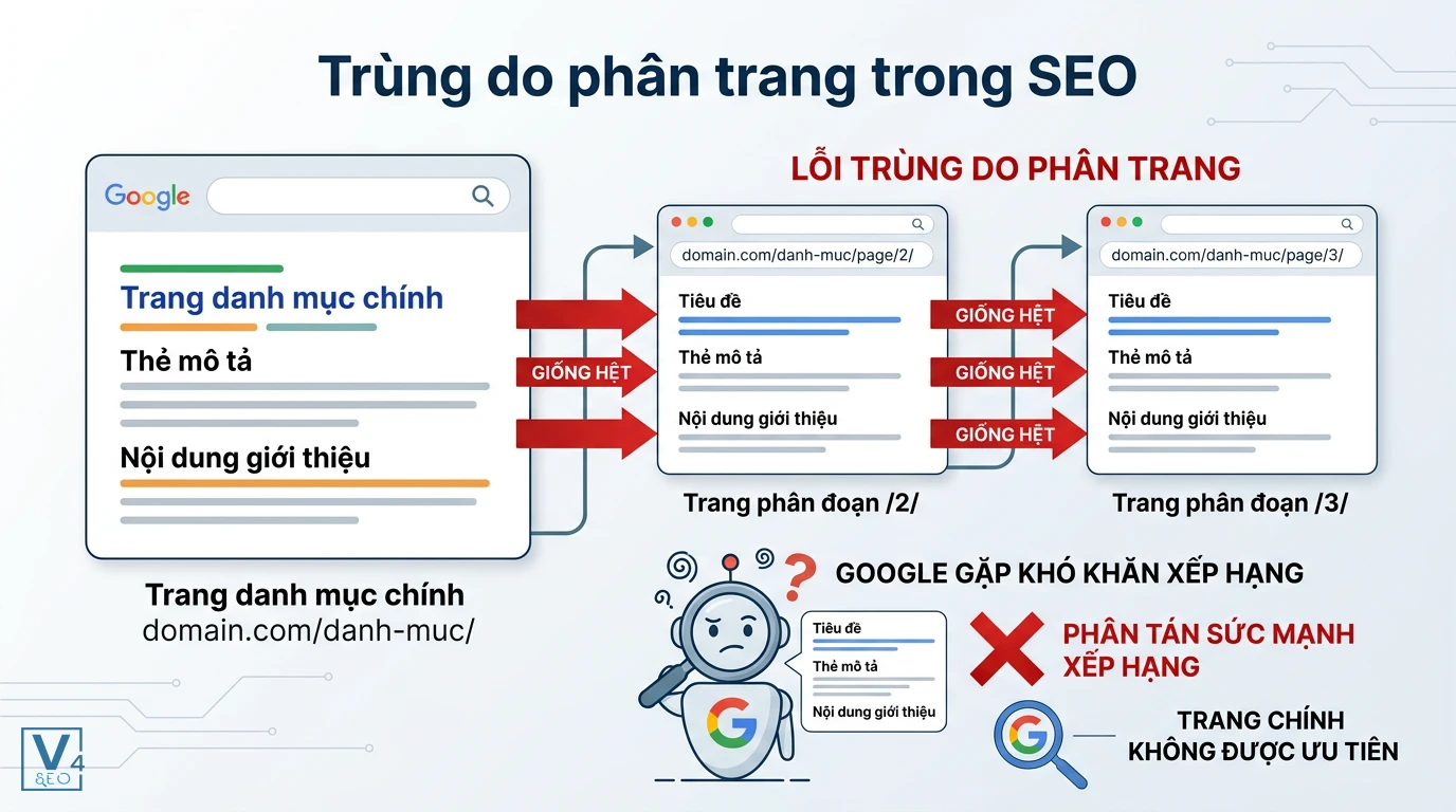 loi-trung-lap-noi-dung-do-phan-trang Sơ đồ giải thích lỗi trùng do phân trang là gì khi các trang phụ lặp lại tiêu đề và mô tả của trang chính.