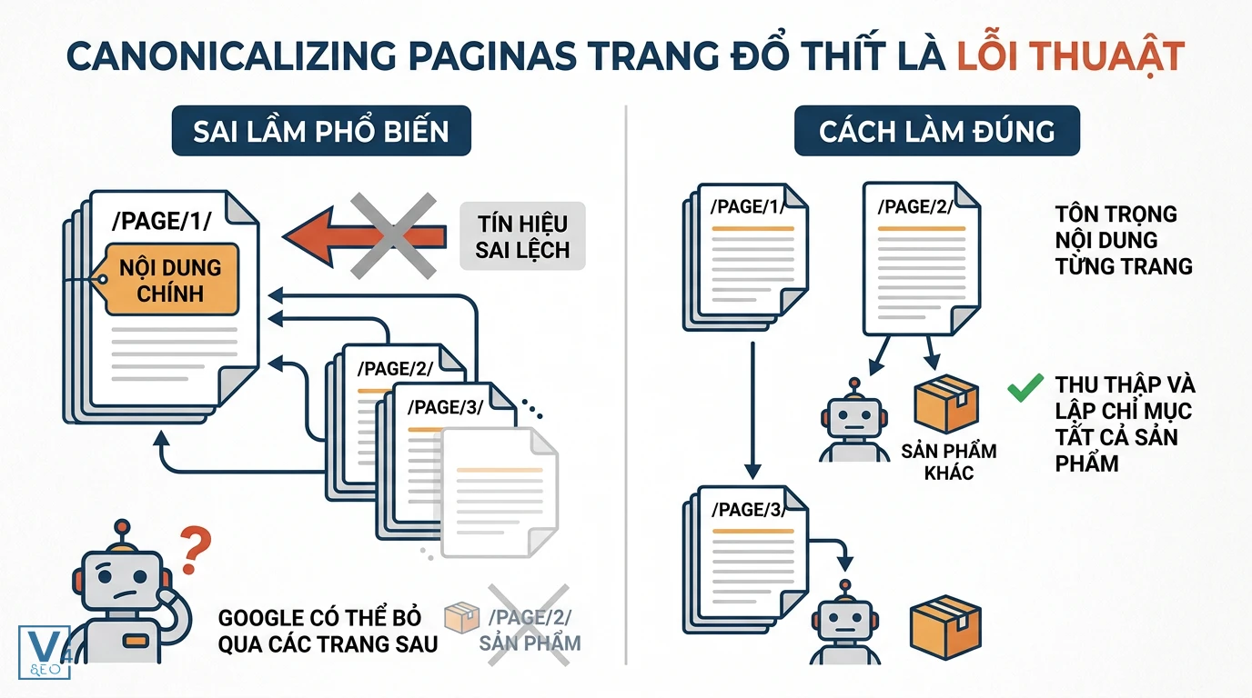 loi-canonical-trang-phan-trang So sánh lỗi trỏ canonical trang phân đoạn về trang đầu gây mất index với cách xử lý đúng để Google thu thập dữ liệu.