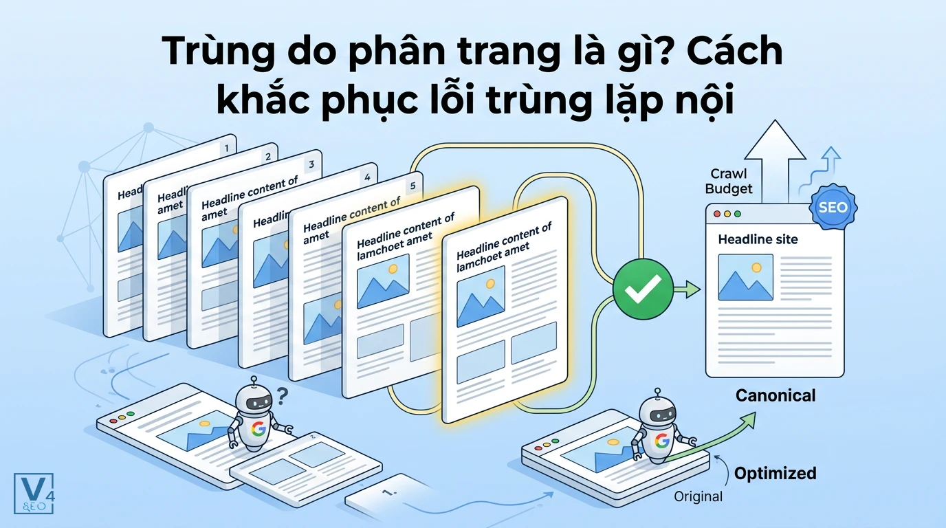 Mô hình giải thích lỗi trùng do phân trang và cách tối ưu hóa bằng thẻ canonical giúp cải thiện crawl budget.