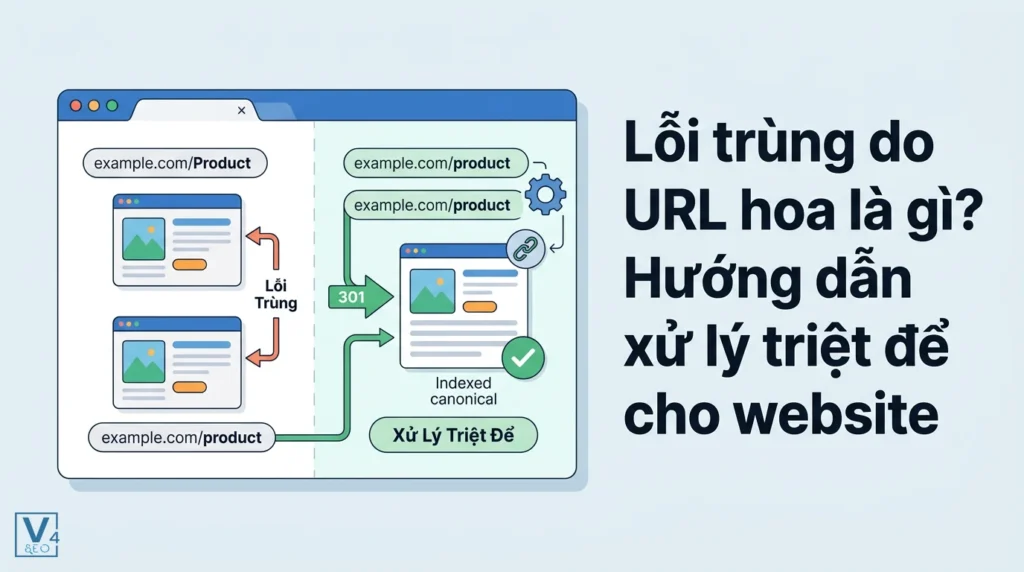 Sơ đồ so sánh lỗi trùng lặp nội dung do URL viết hoa và giải pháp khắc phục bằng redirect 301 hoặc canonical.