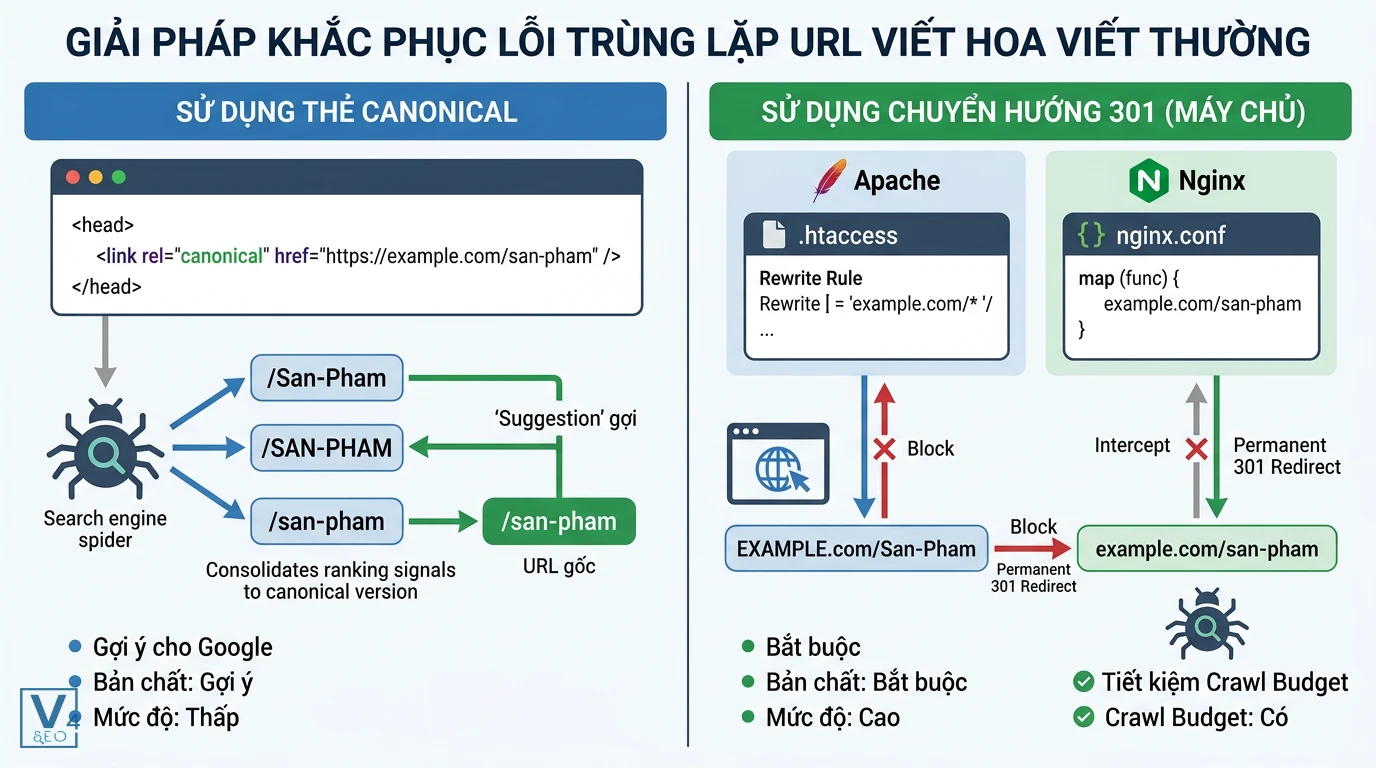 giai-phap-khac-phuc-trung-lap-url-viet-hoa So sánh giải pháp dùng thẻ canonical và chuyển hướng 301 để xử lý trùng lặp URL viết hoa viết thường.