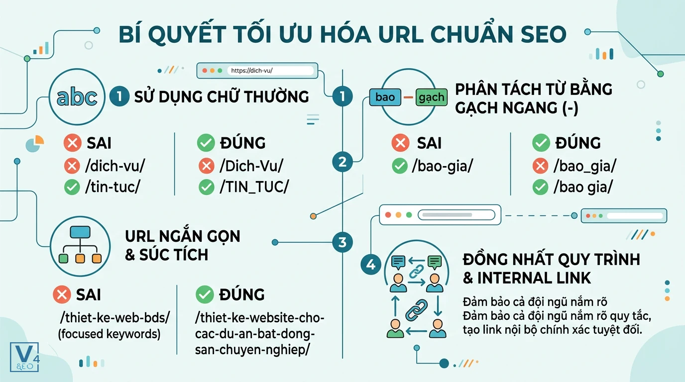 quy-tac-toi-uu-hoa-url-chuan-seo Sơ đồ hướng dẫn 4 quy tắc tối ưu hóa URL chuẩn SEO giúp ngăn ngừa lỗi trùng lặp do viết hoa hoặc sai định dạng.
