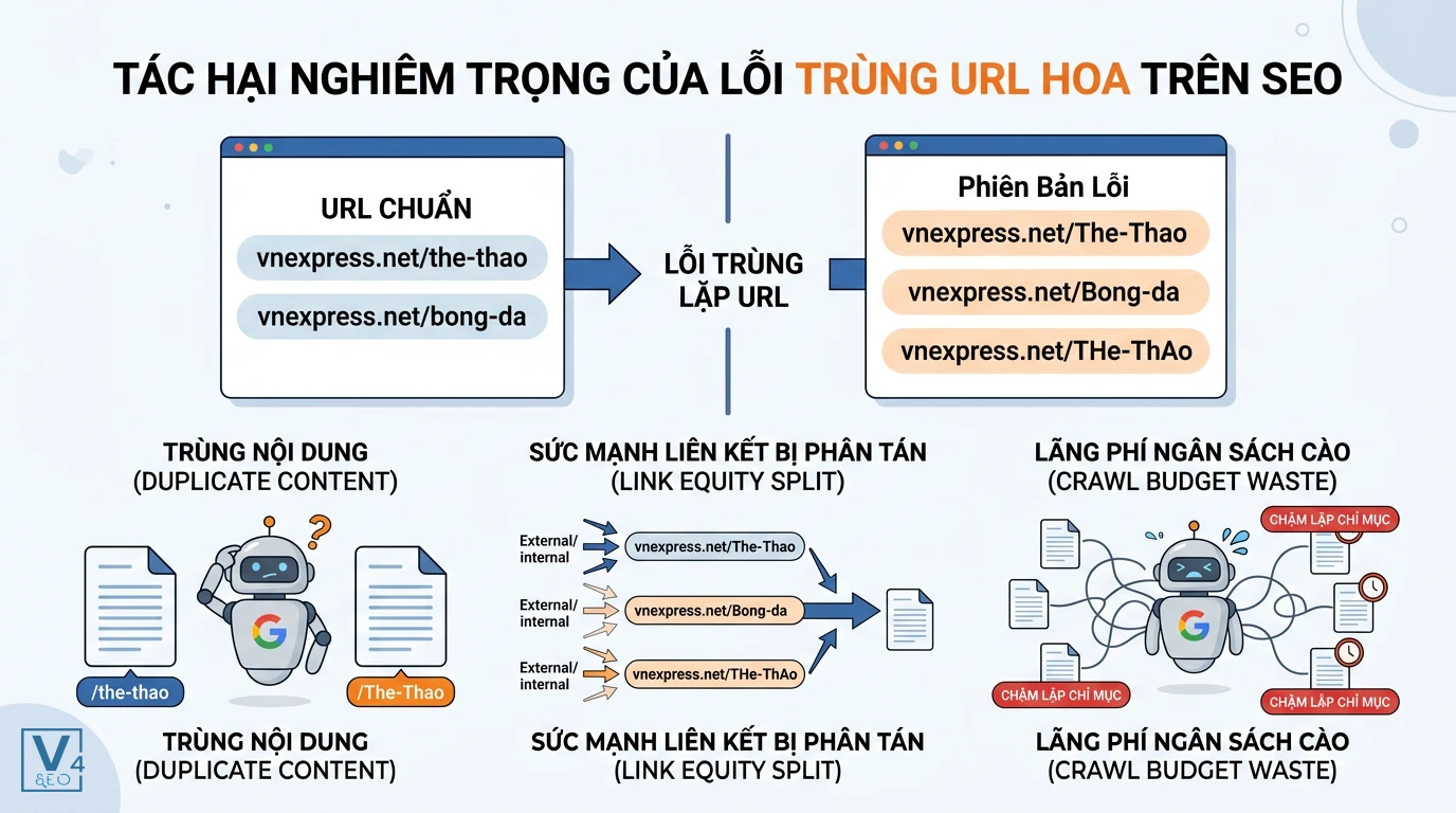 tac-hai-trung-lap-url-viet-hoa Sơ đồ phân tích tác hại của lỗi trùng do URL hoa là gì đối với SEO như trùng nội dung và phân tán link equity.