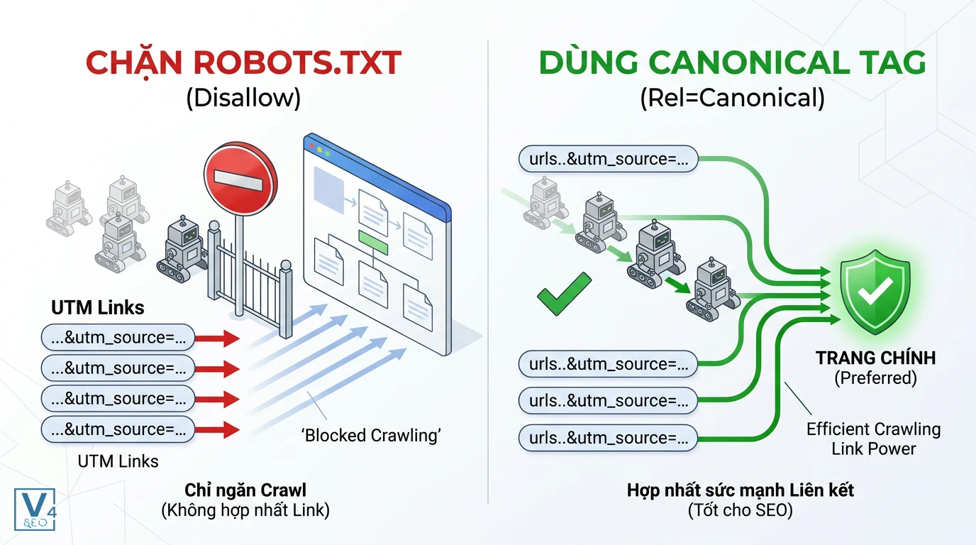 so-sanh-robots-txt-va-canonical-cho-utm So sánh chặn robots.txt chỉ ngăn crawl với dùng thẻ canonical giúp hợp nhất sức mạnh liên kết cho link UTM