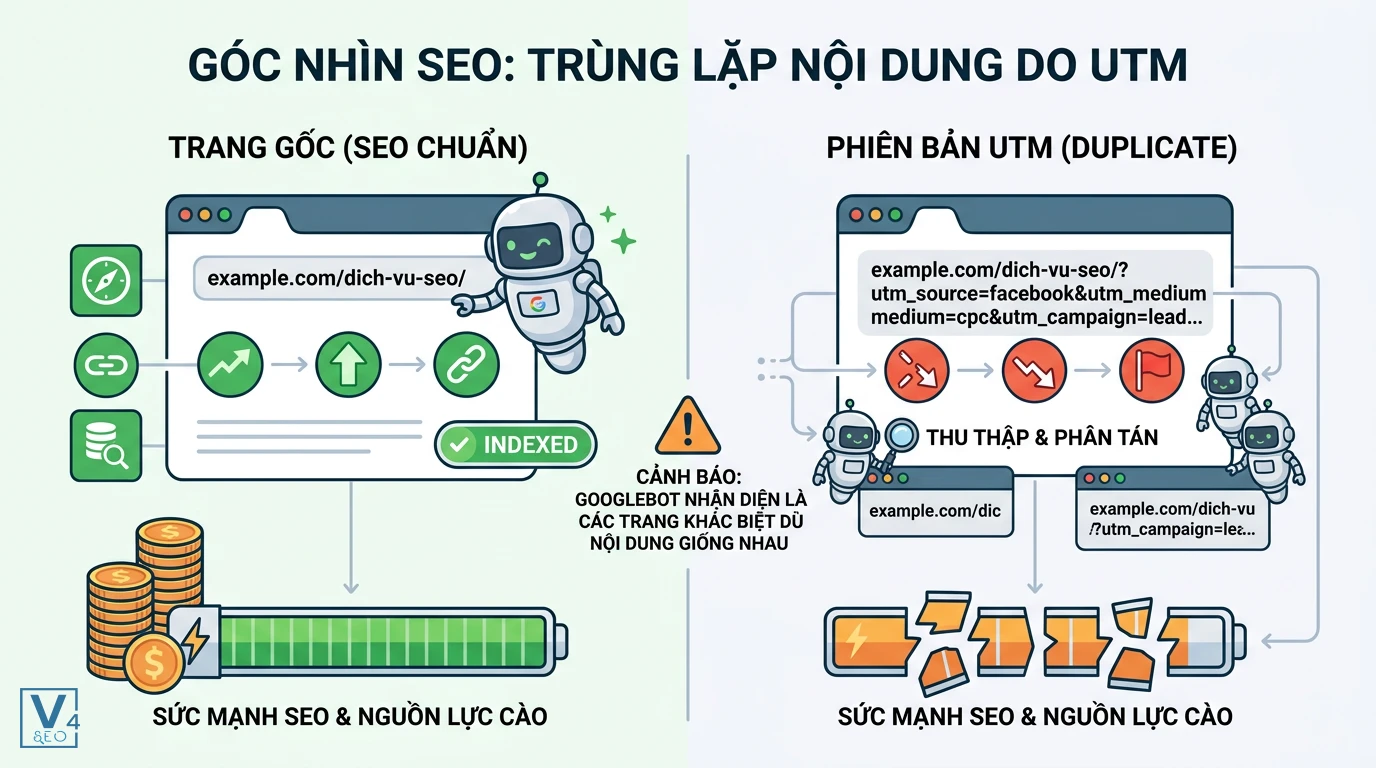 so-sanh-trung-lap-noi-dung-do-utm So sánh trang gốc chuẩn SEO được index với trang chứa tham số UTM gây trùng lặp nội dung và phân tán sức mạnh liên kết.