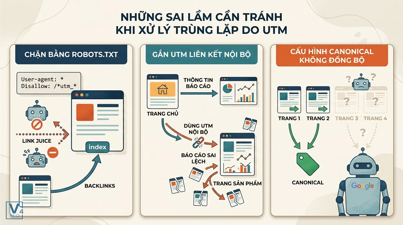 sai-lam-xu-ly-trung-lap-utm Ba sai lầm kỹ thuật phổ biến gây lỗi trùng lặp do UTM gồm chặn robots.txt, gắn link nội bộ và thiếu canonical.