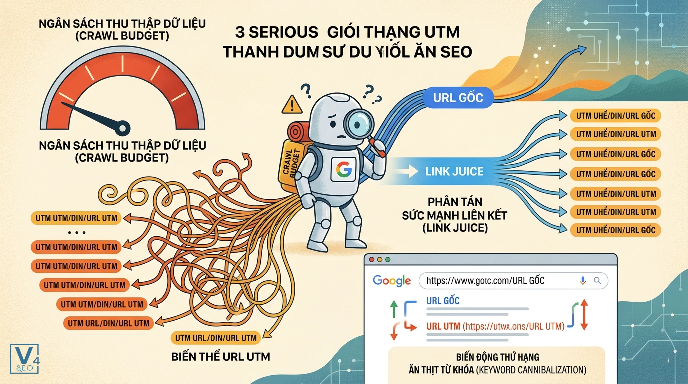 tac-hai-trung-lap-url-utm-seo Sơ đồ minh họa 3 tác hại của lỗi trùng do UTM gồm lãng phí crawl budget, phân tán link juice và ăn thịt từ khóa.