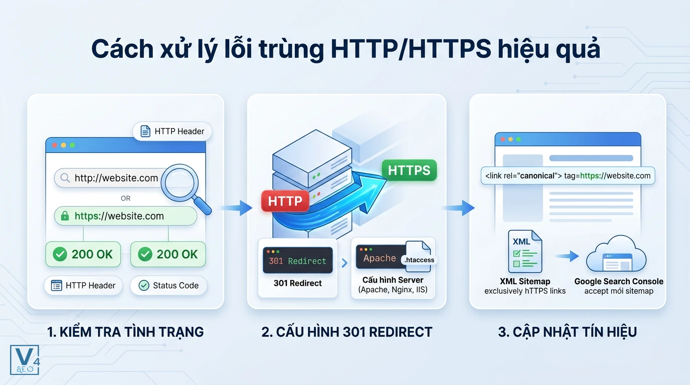 quy-trinh-sua-loi-trung-http-https Quy trình 3 bước khắc phục lỗi trùng HTTP/HTTPS bằng cách kiểm tra trạng thái, cấu hình 301 redirect và cập nhật sitemap.