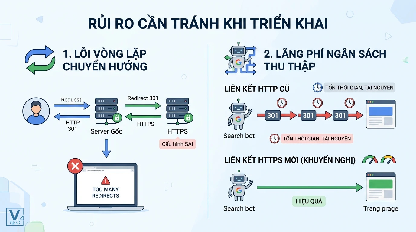 rui-ro-chuyen-huong-http-https Sơ đồ rủi ro khi chuyển đổi giao thức gồm lỗi vòng lặp chuyển hướng và lãng phí ngân sách thu thập dữ liệu.