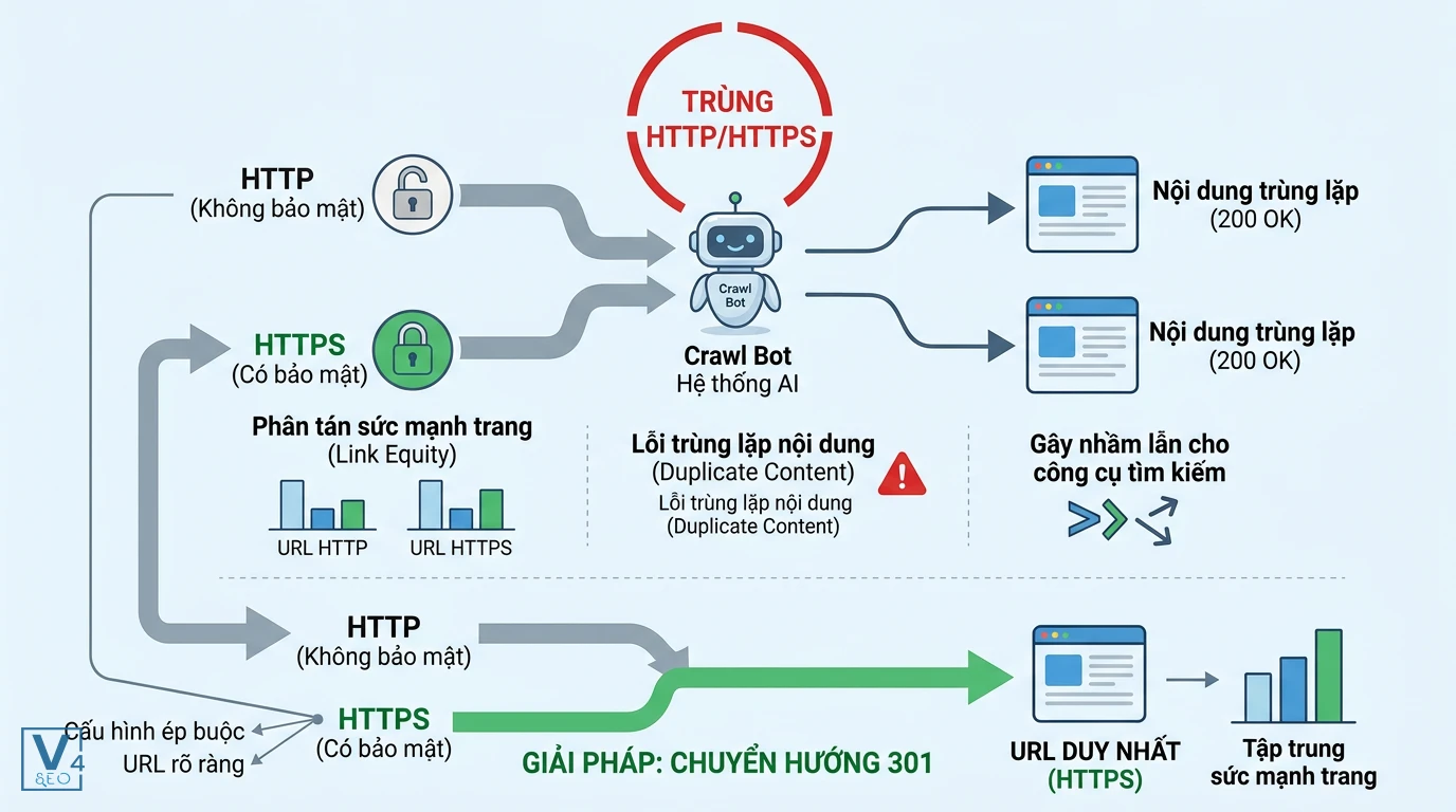 so-do-loi-trung-http-https-va-giai-phap Sơ đồ giải thích lỗi trùng HTTP/HTTPS gây phân tán link equity và giải pháp chuyển hướng 301 về URL duy nhất.