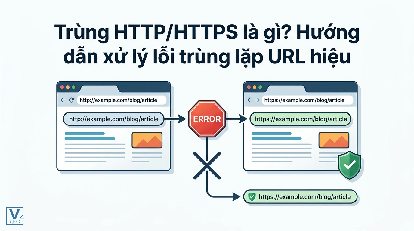 Mô tả lỗi trùng HTTP/HTTPS khi website tồn tại hai phiên bản URL song song gây ảnh hưởng xấu đến SEO.