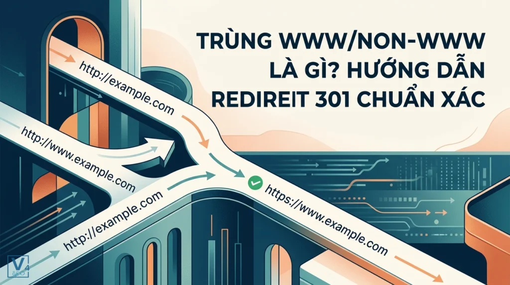 Sơ đồ chuyển hướng các phiên bản URL trùng lặp WWW và non-WWW về một địa chỉ duy nhất bằng Redirect 301.