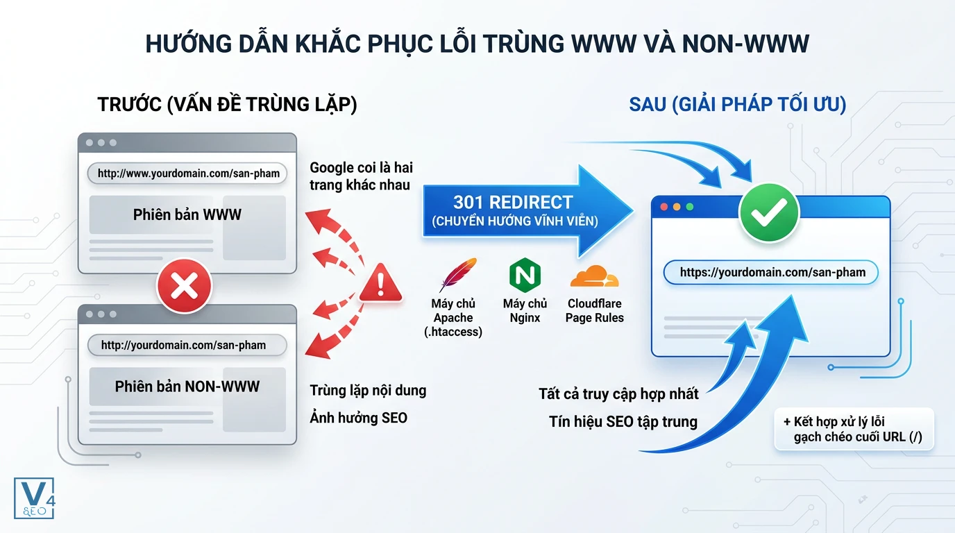giai-phap-khac-phuc-trung-lap-www-non-www Sơ đồ chuyển hướng 301 giúp giải quyết lỗi trùng WWW và non-WWW về một phiên bản URL duy nhất tối ưu cho SEO.