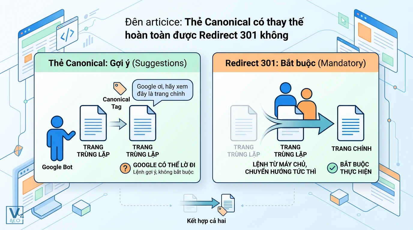 so-sanh-canonical-va-redirect-301 So sánh cơ chế gợi ý của thẻ Canonical và lệnh bắt buộc chuyển hướng của Redirect 301 khi xử lý trùng lặp tên miền.