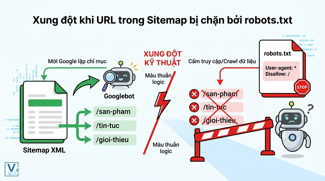 xung-dot-logic-sitemap-va-robots-txt Sự mâu thuẫn logic giữa yêu cầu lập chỉ mục trong sitemap và lệnh cấm truy cập từ tệp robots.txt đối với Googlebot.