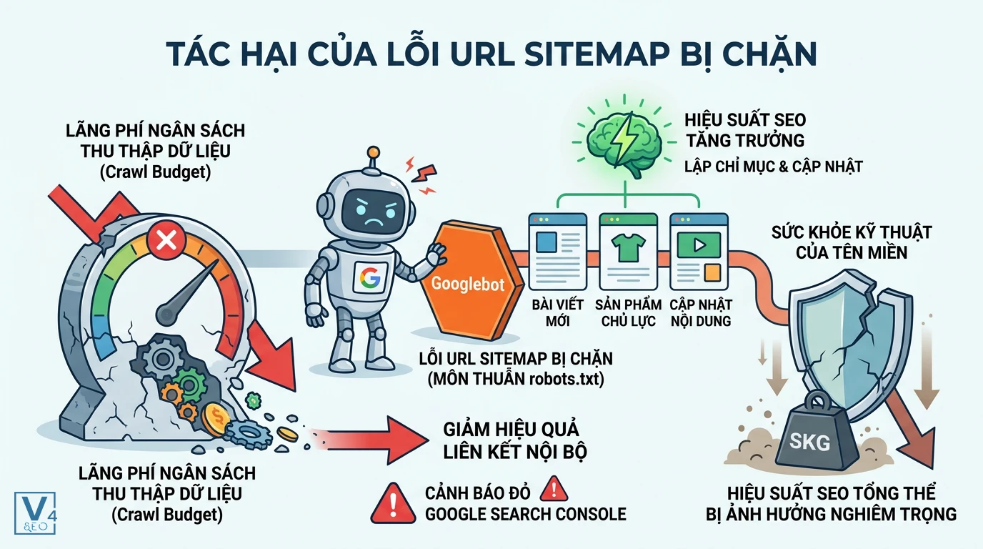 tac-hai-url-sitemap-bi-chan-robots-txt Sơ đồ tác hại khi URL gửi sitemap bị chặn robots.txt gây lãng phí ngân sách crawl và giảm hiệu suất SEO.