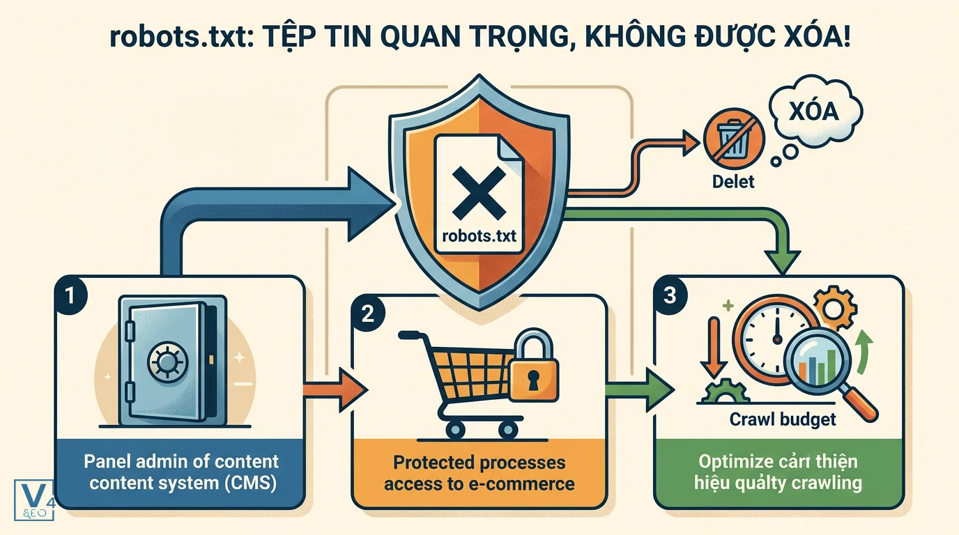 vai-tro-quan-trong-file-robots-txt Sơ đồ giải thích lý do không nên xóa file robots.txt vì vai trò bảo vệ admin, giỏ hàng và tối ưu crawl budget.