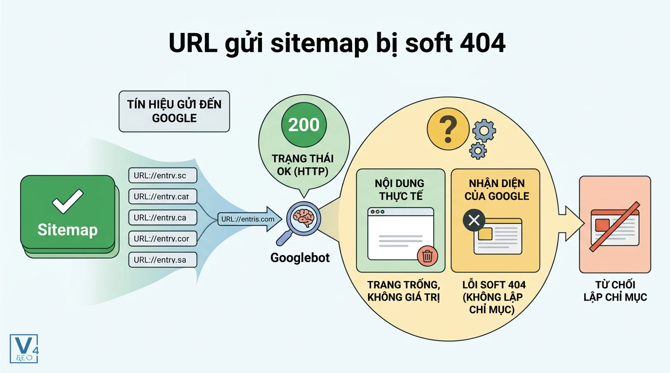 co-che-loi-url-sitemap-soft-404 Sơ đồ giải thích cơ chế URL gửi sitemap bị soft 404 khi trang báo trạng thái 200 nhưng nội dung trống.