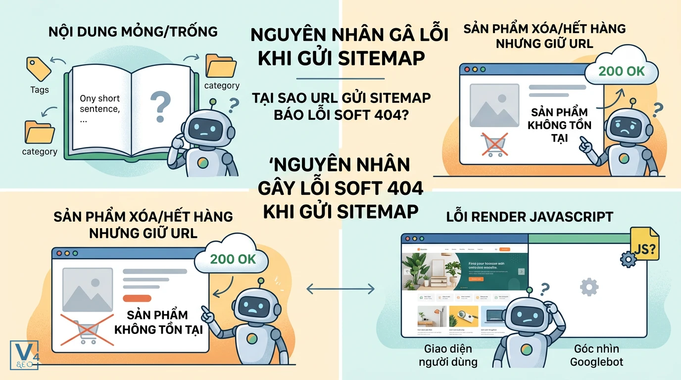 nguyen-nhan-url-sitemap-bi-soft-404 Sơ đồ phân tích các nguyên nhân kỹ thuật và nội dung khiến URL gửi sitemap bị soft 404 là gì.