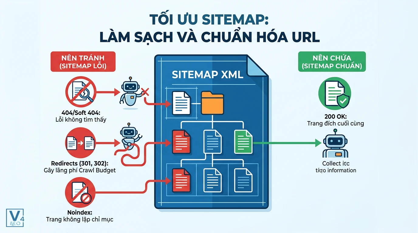 toi-uu-sitemap-chuan-hoa-url Sơ đồ so sánh các URL lỗi cần tránh và URL chuẩn 200 OK nên có trong sitemap để tối ưu SEO.