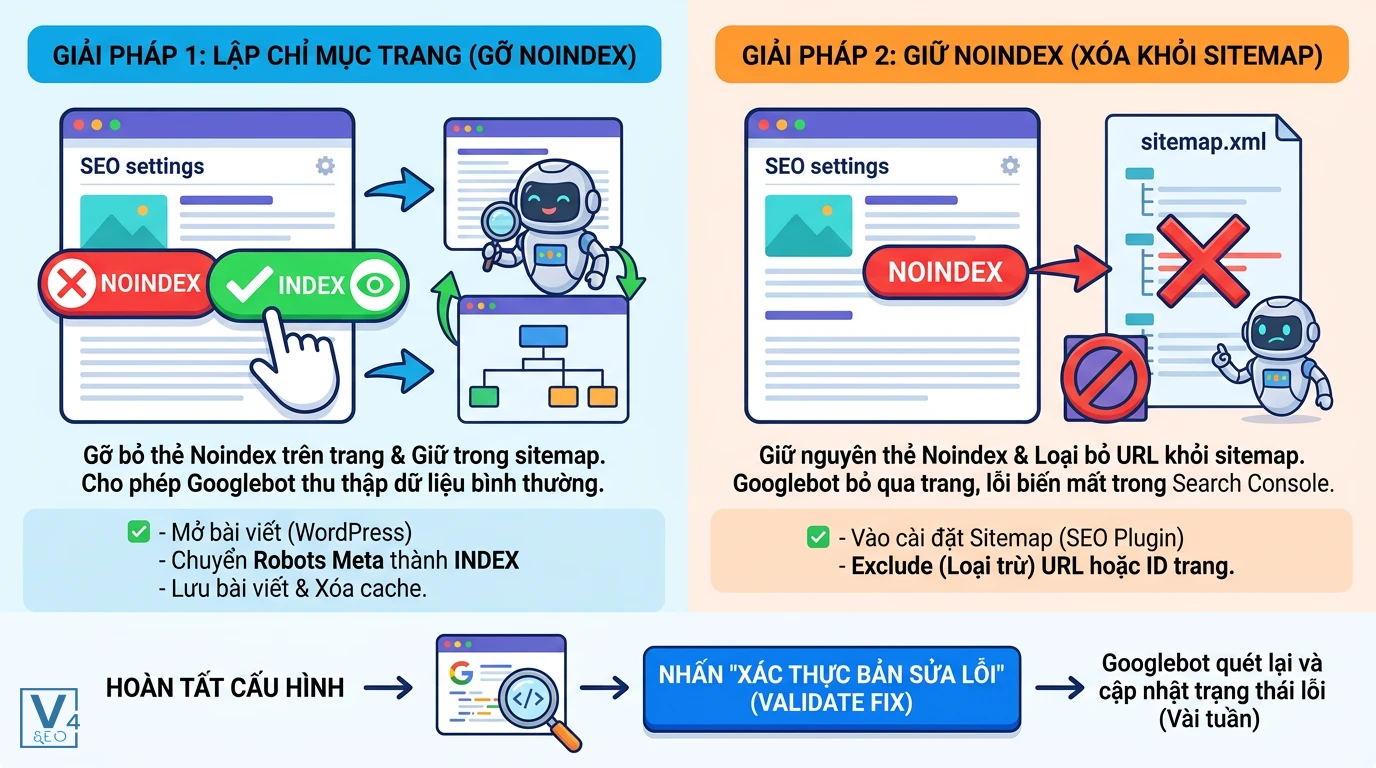 phuong-an-khac-phuc-loi-sitemap-noindex Sơ đồ so sánh hai phương án khắc phục lỗi URL gửi sitemap có noindex bằng cách gỡ noindex hoặc xóa khỏi sitemap.