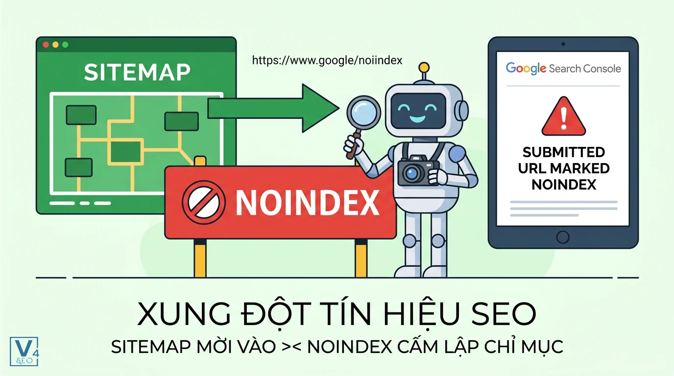 xung-dot-tin-hieu-sitemap-va-noindex Sự mâu thuẫn giữa sitemap yêu cầu lập chỉ mục và thẻ noindex chặn bot gây ra lỗi URL gửi sitemap có noindex là gì.