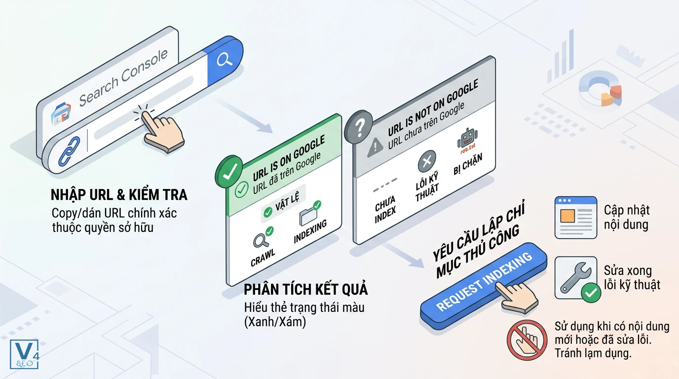quy-trinh-su-dung-url-inspection Quy trình 3 bước sử dụng URL Inspection để kiểm tra trạng thái lập chỉ mục và gửi yêu cầu index thủ công.