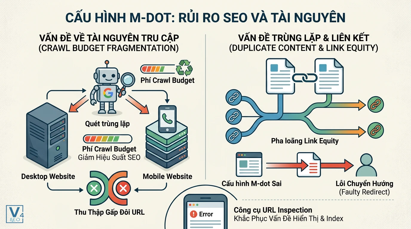rui-ro-seo-cau-hinh-m-dot Sơ đồ rủi ro SEO của URL mobile m-dot là gì khi gây lãng phí crawl budget và phân mảnh liên kết.