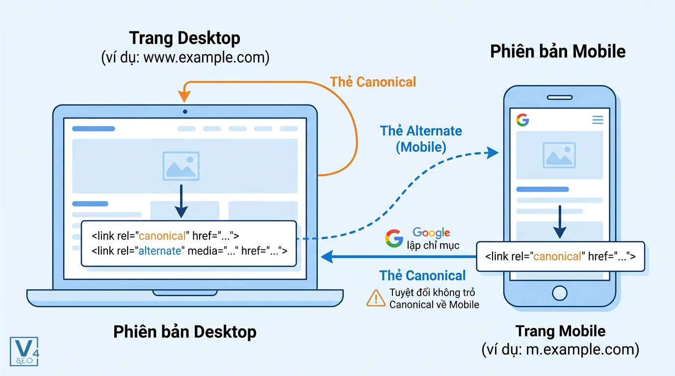 cau-hinh-canonical-alternate-m-dot Sơ đồ hướng dẫn cấu hình thẻ canonical và alternate chính xác giữa hai phiên bản website desktop và url mobile m-dot.