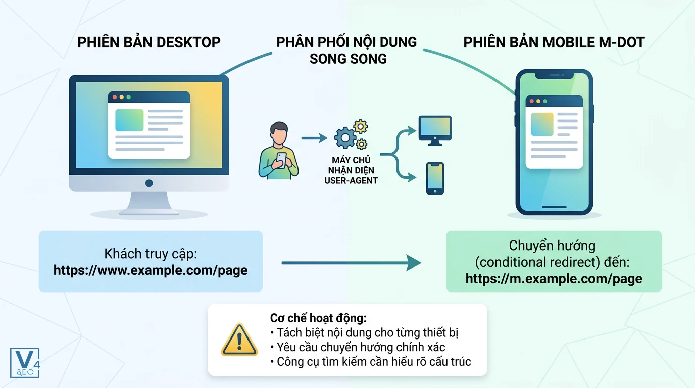co-che-hoat-dong-url-mobile-m-dot Sơ đồ giải thích URL mobile m-dot là gì và cơ chế máy chủ nhận diện User-Agent để chuyển hướng người dùng di động.