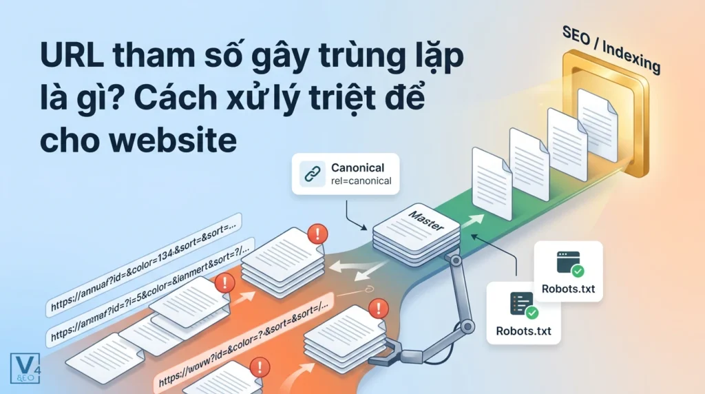 Mô hình giải quyết URL tham số gây trùng lặp nội dung bằng thẻ Canonical và file Robots.txt tối ưu cho SEO