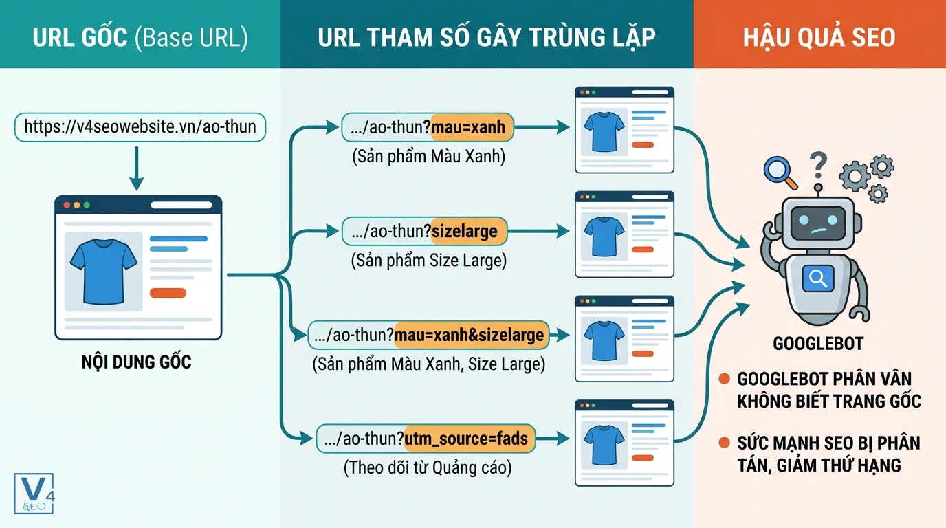 co-che-url-tham-so-gay-trung-lap-noi-dung Sơ đồ giải thích cơ chế URL tham số gây trùng lặp nội dung và ảnh hưởng tiêu cực đến khả năng thu thập dữ liệu của Googlebot
