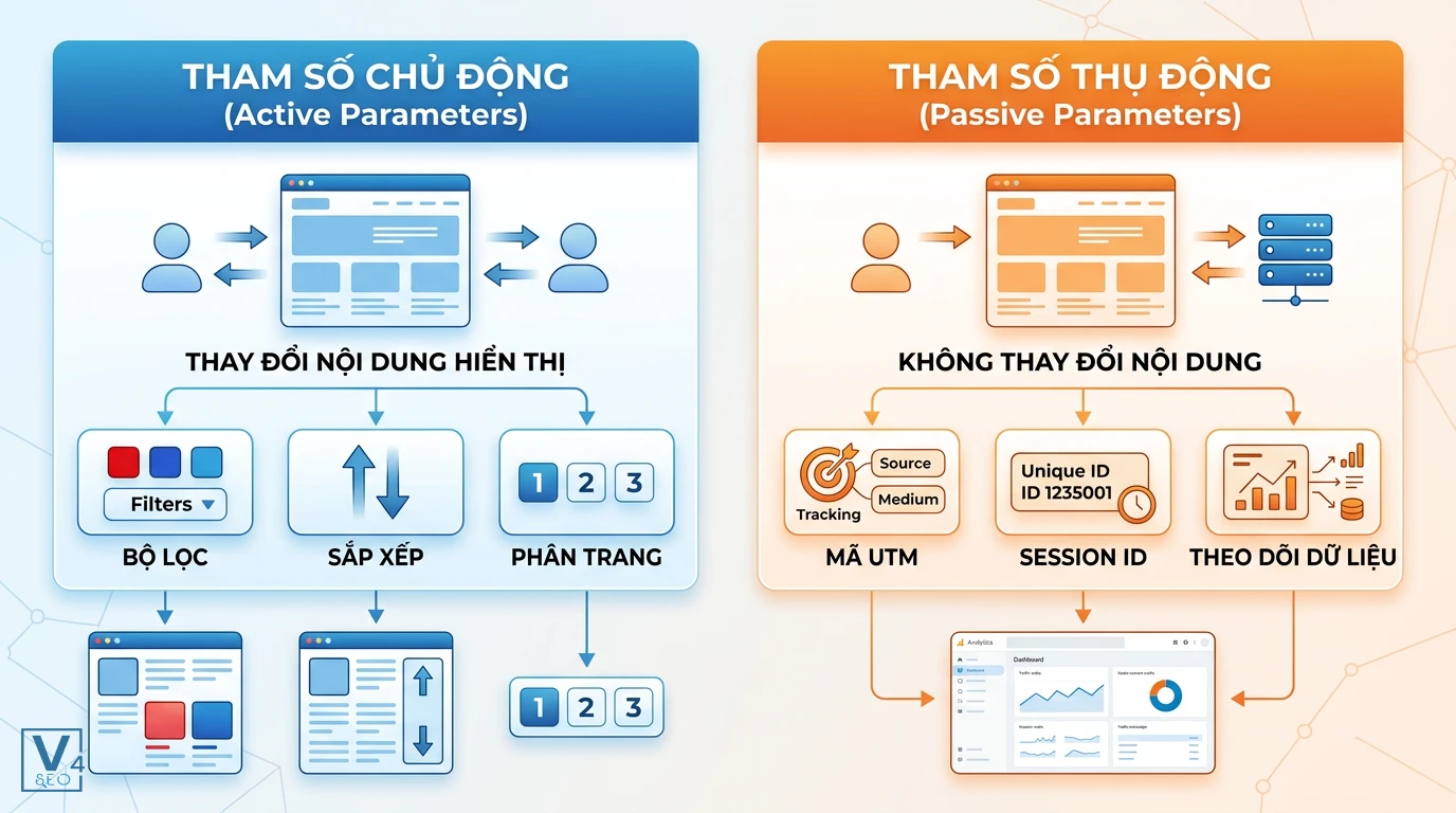 phan-biet-tham-so-url-chu-dong-va-thu-dong So sánh tham số chủ động thay đổi nội dung và tham số thụ động theo dõi dữ liệu để tránh URL tham số gây trùng lặp.