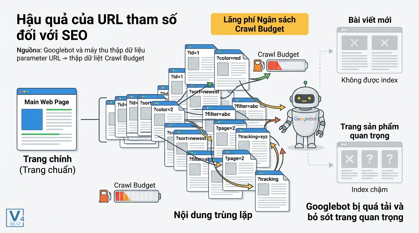 tac-hai-url-tham-so-crawl-budget Sơ đồ minh họa URL tham số gây trùng lặp làm lãng phí ngân sách cào dữ liệu Crawl Budget của Googlebot.