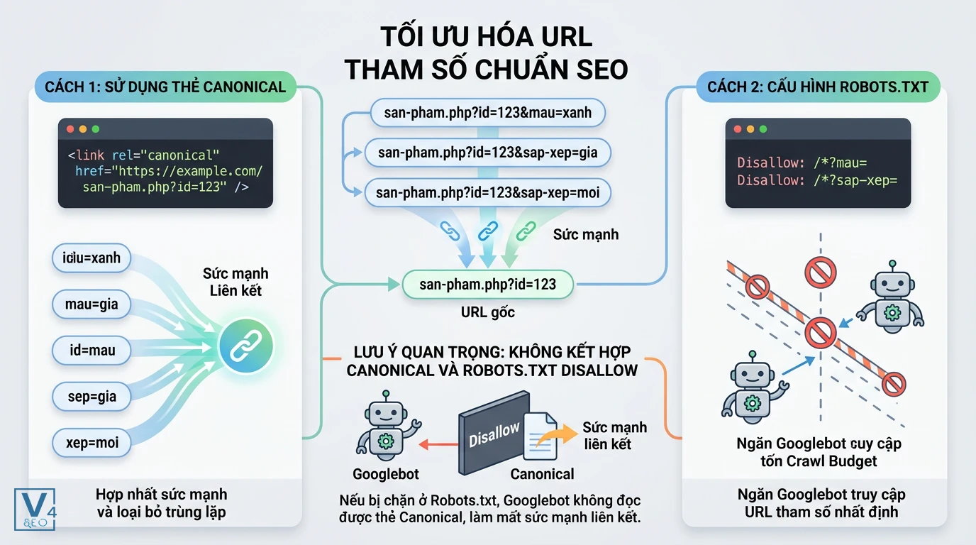 giai-phap-toi-uu-url-tham-so-seo So sánh hai giải pháp tối ưu hóa URL tham số chuẩn SEO bằng thẻ Canonical và cấu hình tệp Robots.txt.