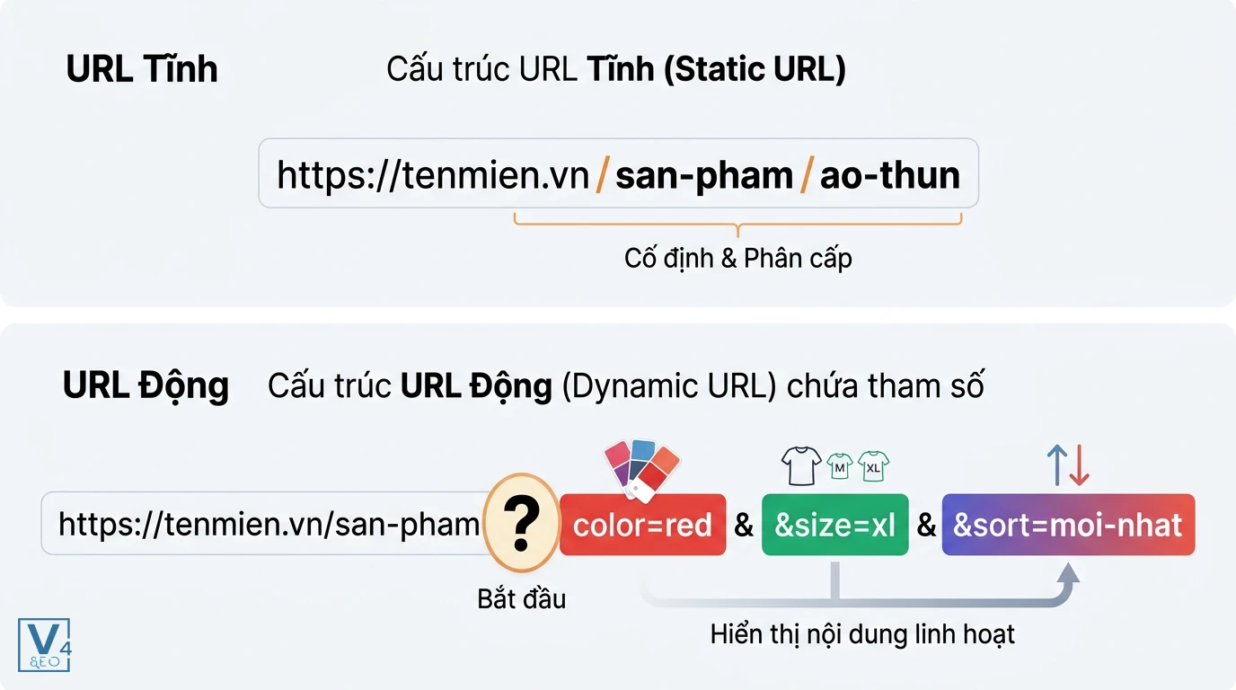 so-sanh-url-tinh-va-url-dong-tham-so So sánh cấu trúc URL tĩnh cố định và URL động chứa các tham số truy vấn linh hoạt.