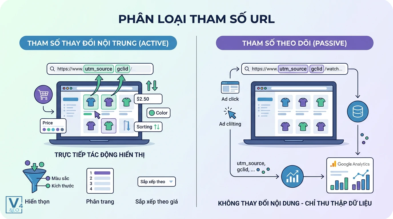 phan-loai-tham-so-url-active-va-passive So sánh hai loại URL tham số là gì gồm tham số thay đổi nội dung active và tham số theo dõi passive.