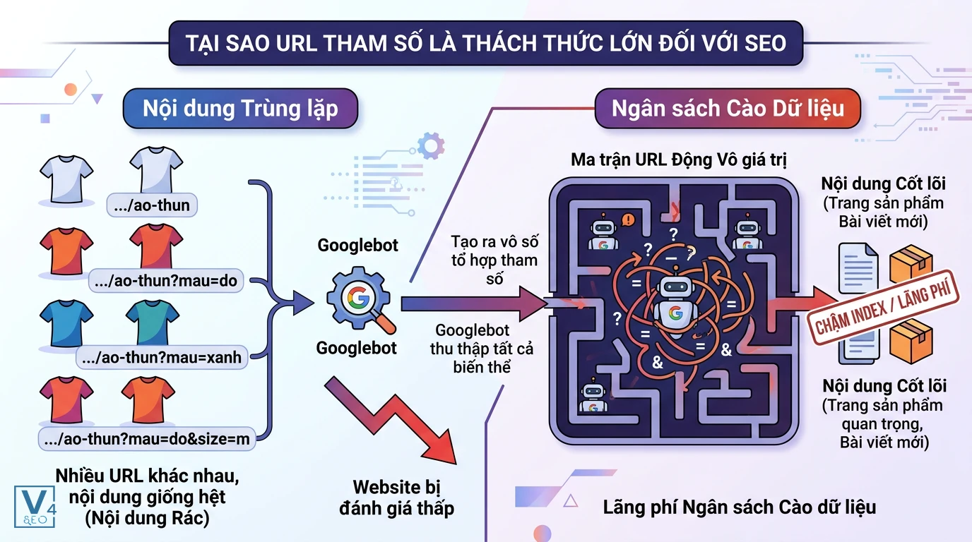 tac-hai-cua-url-tham-so-voi-seo Sơ đồ giải thích tác hại của URL tham số gây trùng lặp nội dung và lãng phí ngân sách cào dữ liệu của Googlebot.