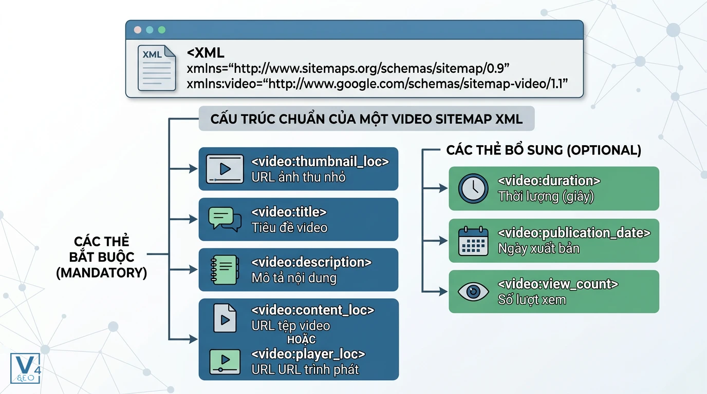 Cau truc video sitemap xml chuan Sơ đồ phân tích cấu trúc chuẩn của một video sitemap xml gồm các thẻ bắt buộc và thẻ bổ sung tối ưu SEO.