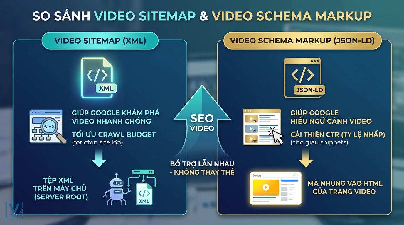 so-sanh-video-sitemap-va-schema-markup Bảng so sánh vai trò bổ trợ của Video Sitemap và Video Schema Markup trong chiến dịch tối ưu hóa SEO video.