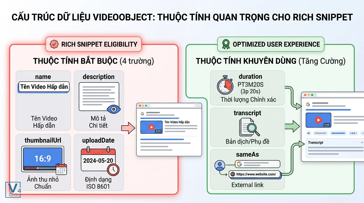 thuoc-tinh-cau-truc-du-lieu-videoobject Phân loại các thuộc tính bắt buộc và khuyên dùng trong cấu trúc dữ liệu VideoObject để tối ưu hiển thị Rich Snippet.