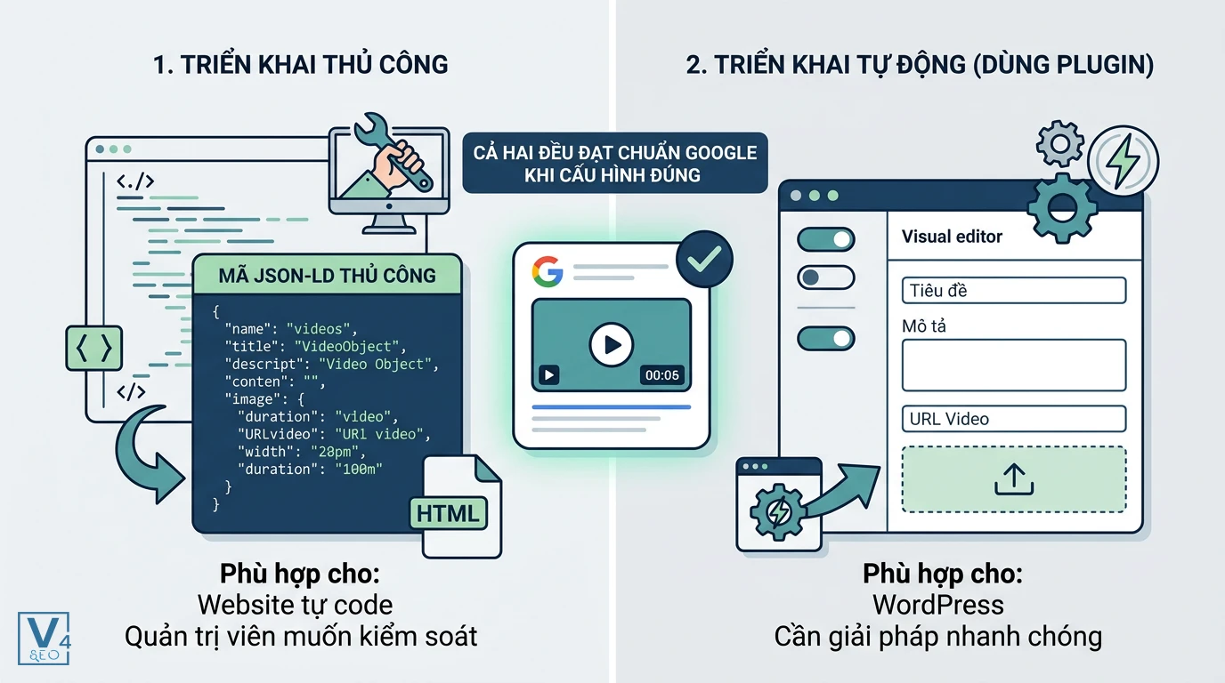 Các phương pháp triển khai VideoObject schema So sánh hai phương pháp triển khai VideoObject schema: viết mã JSON-LD thủ công và dùng plugin tự động trên WordPress.