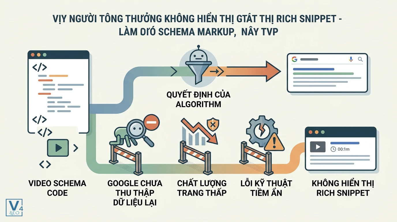 Nguyên nhân video schema không hiển thị rich snippet Các nguyên nhân khiến VideoObject schema đã khai báo nhưng không hiển thị rich snippet trên Google Search.