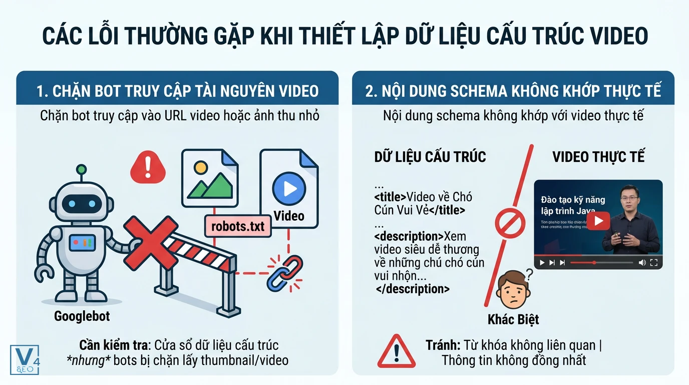 Các lỗi thiết lập VideoObject schema phổ biến Hai lỗi nghiêm trọng khi thiết lập VideoObject schema gồm chặn Googlebot truy cập tài nguyên và khai báo sai nội dung video.