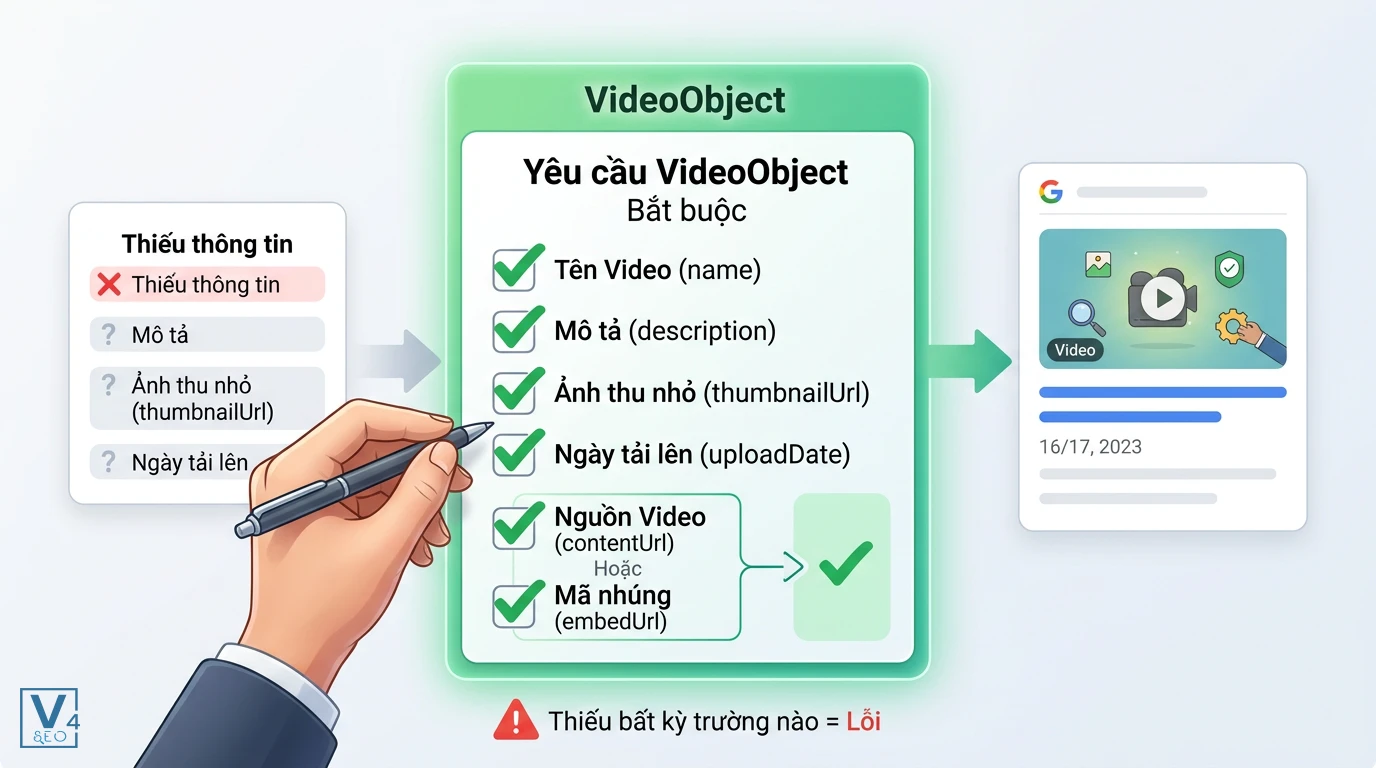 cac-thuoc-tinh-bat-buoc-videoobject-schema Các thuộc tính bắt buộc cần khai báo trong cấu trúc VideoObject schema để tránh lỗi hiển thị trên Google.